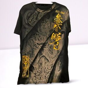 VTG Affliction Heroes & Demons Horiyoshi III Graphic Samurai T-Shirt Gold Foil